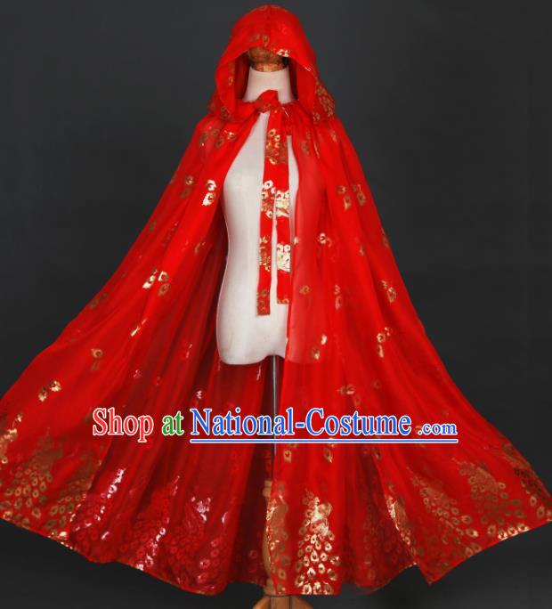 Traditional Chinese Hanfu Printing Peacock Red Cloak Ancient Costume Chiffon Cape with Cap for Women