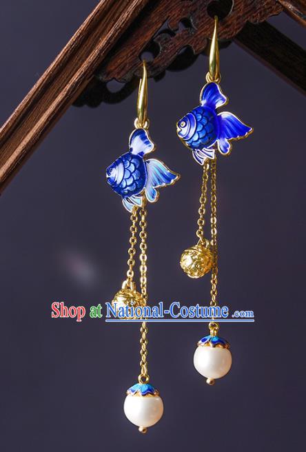 Traditional Chinese Blueing Goldfish Ear Accessories Handmade Eardrop National Cheongsam Golden Tassel Earrings for Women