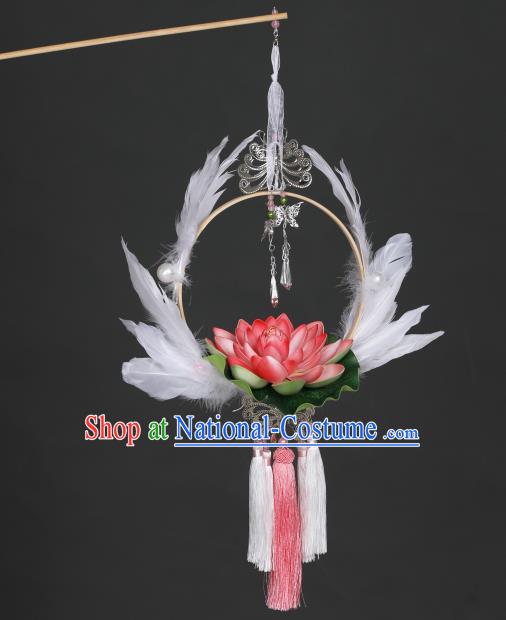 Chinese Handmade Stage Show Prop Decoration Traditional White Feather Lotus Lantern Portable Lamp