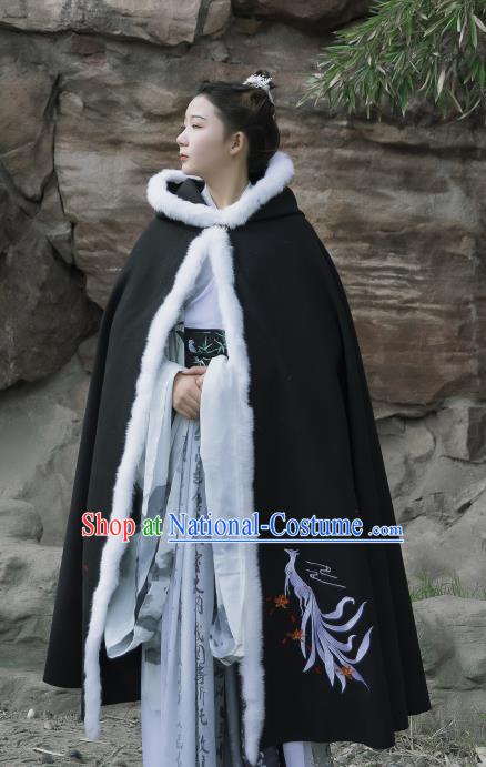 Traditional Chinese Hanfu Black Woolen Cloak Ancient Costume Winter Embroidered Fox Cape With Cap for Women