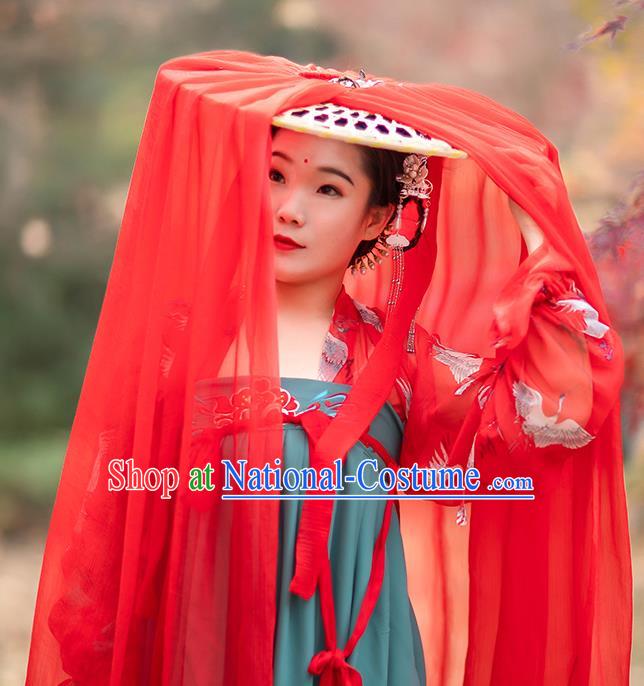 Chinese Traditional Ancient Female Swordsman Headwear Handmade Hanfu Red Chiffon Bamboo Hat for Chivalrous Women