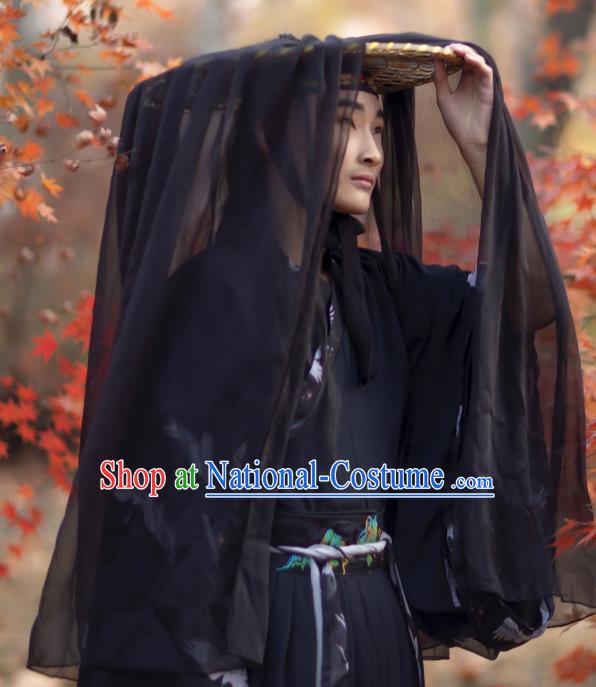 Chinese Traditional Ancient Swordsman Headwear Handmade Hanfu Knight Black Chiffon Bamboo Hat for Men