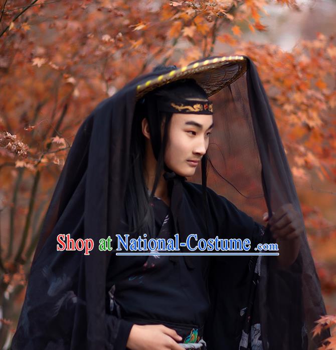 Chinese Traditional Ancient Swordsman Headwear Handmade Hanfu Knight Black Chiffon Bamboo Hat for Men