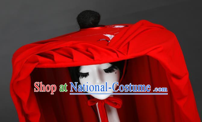 Chinese Traditional Ancient Swordsman Headwear Handmade Hanfu Embroidered Crane Red Veil Bamboo Hat for Women