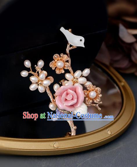 Top Grade Classical Pink Rose Bird Brooch Accessories Handmade Cheongsam Pearls Breastpin for Women