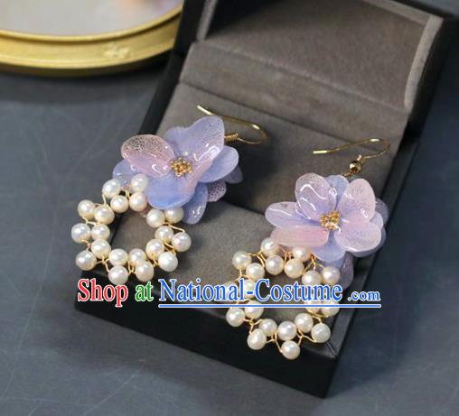 Princess Handmade Blue Flower Earrings Classical Pearl Eardrop Fashion Jewelry Accessories for Women