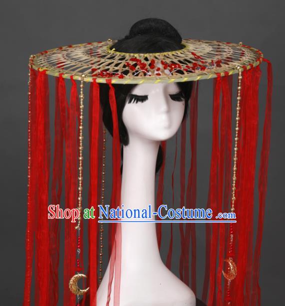 Chinese Traditional Ancient Female Swordsman Headwear Handmade Hanfu Red Silk Ribbon Tassel Bamboo Hat for Women