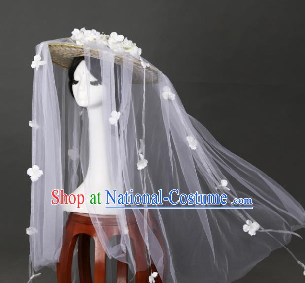 Chinese Traditional Ancient Goddess Princess Headwear Handmade Hanfu White Flowers Veil Bamboo Hat for Women