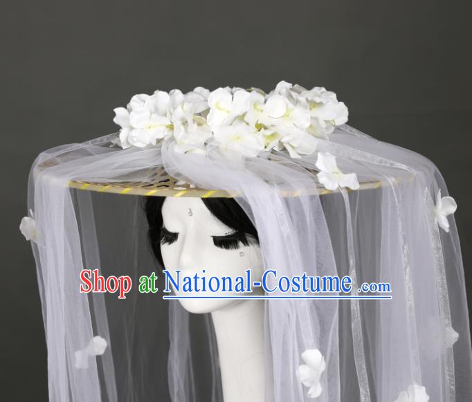 Chinese Traditional Ancient Goddess Princess Headwear Handmade Hanfu White Flowers Veil Bamboo Hat for Women