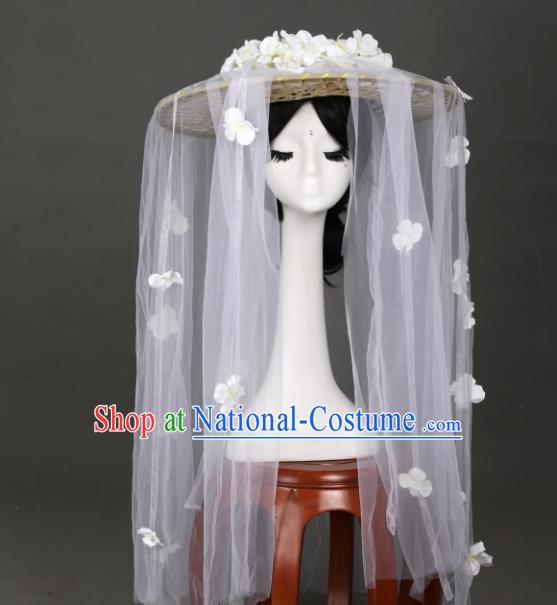 Chinese Traditional Ancient Goddess Princess Headwear Handmade Hanfu White Flowers Veil Bamboo Hat for Women