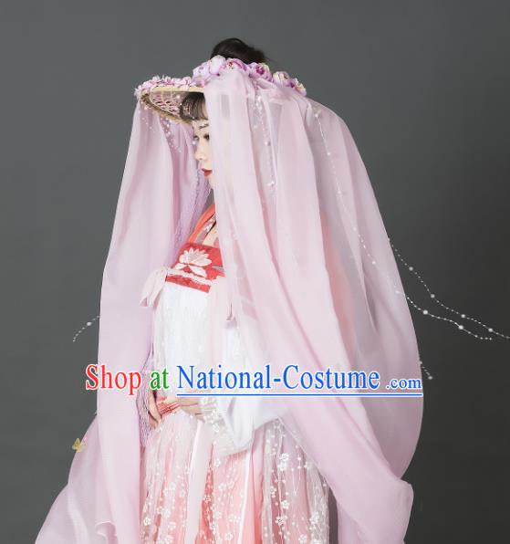 Chinese Traditional Ancient Goddess Headwear Handmade Hanfu Female Swordsman Pink Roses Veil Bamboo Hat