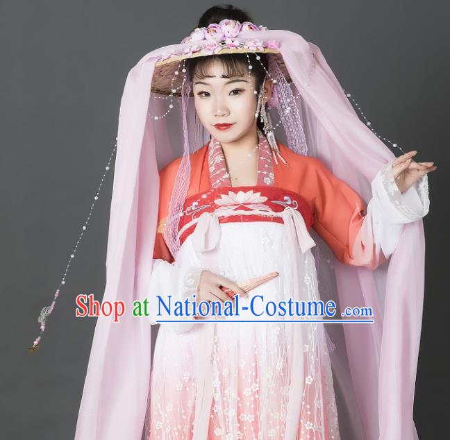 Chinese Traditional Ancient Goddess Headwear Handmade Hanfu Female Swordsman Pink Roses Veil Bamboo Hat