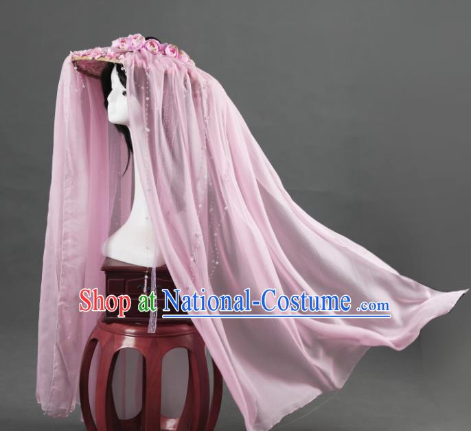 Chinese Traditional Ancient Goddess Headwear Handmade Hanfu Female Swordsman Pink Roses Veil Bamboo Hat