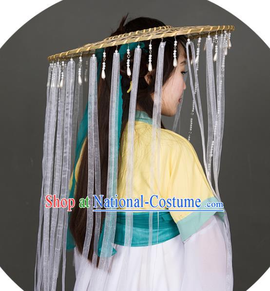 Chinese Traditional Ancient Goddess Beads Tassel Headwear Handmade Hanfu Female Swordsman White Ribbon Bamboo Hat