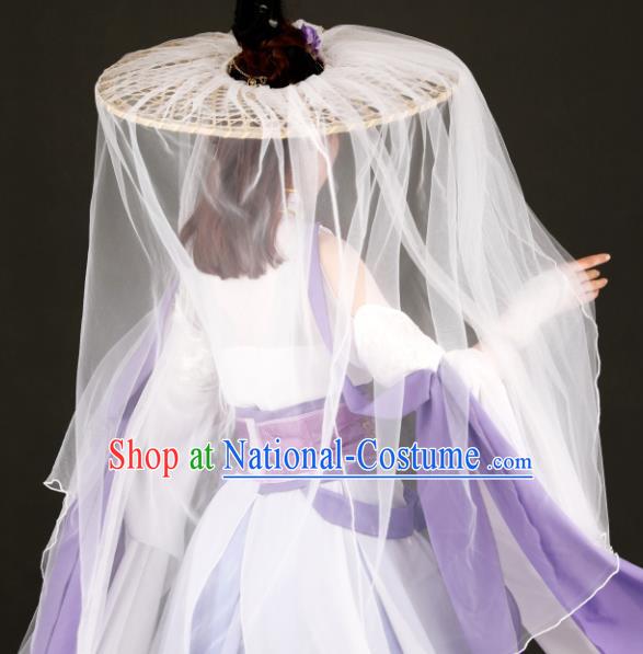 Chinese Traditional Ancient Princess Headwear Handmade Hanfu Female Swordsman White Veil Bamboo Hat