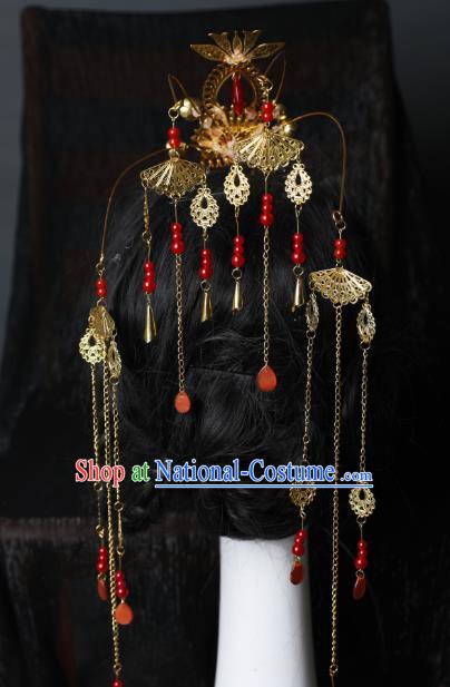 Chinese Traditional Ancient Princess Golden Tassel Hair Crown Hanfu Hair Accessories Wedding Headwear for Women