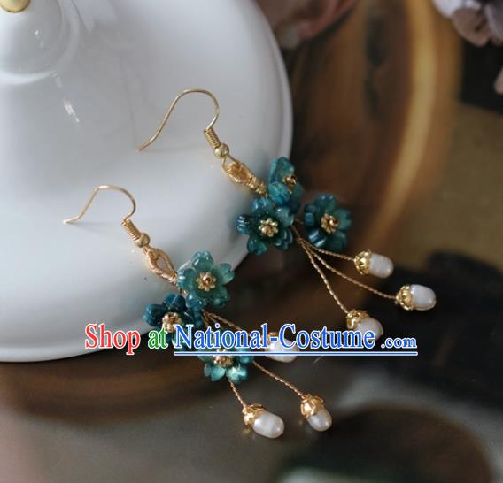 Princess Handmade Blue Flowers Earrings Classical Pearls Eardrop Fashion Jewelry Accessories for Women