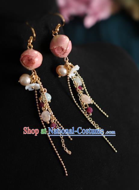 Princess Handmade Golden Tassel Earrings Fashion Jewelry Accessories Classical Pink Preserved Flower Eardrop for Women