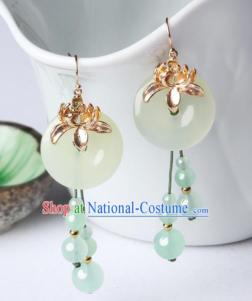 Traditional Chinese Green Beads Tassel Ear Accessories Handmade Eardrop National Cheongsam Peace Buckle Earrings for Women