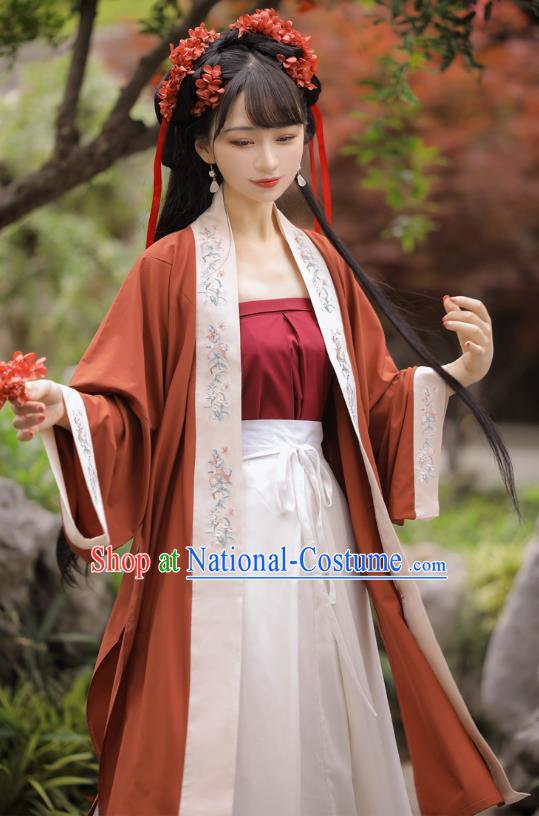 Chinese Song Dynasty Village Girl Red BeiZi Strapless Top and Skirt Traditional Hanfu Garment Ancient Young Lady Historical Costumes Full Set