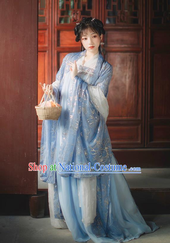 Chinese Tang Dynasty Princess Blue Cape Blouse and Dress Traditional Hanfu Garment Ancient Noble Female Historical Costumes Full Set