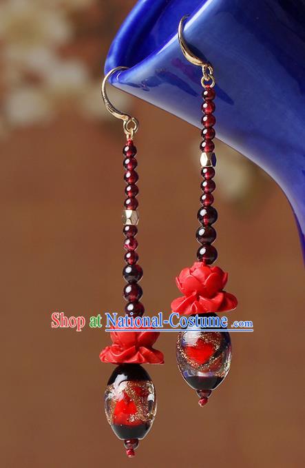 Traditional Chinese Garnet Beads Ear Accessories Handmade Eardrop National Cheongsam Red Rose Earrings for Women