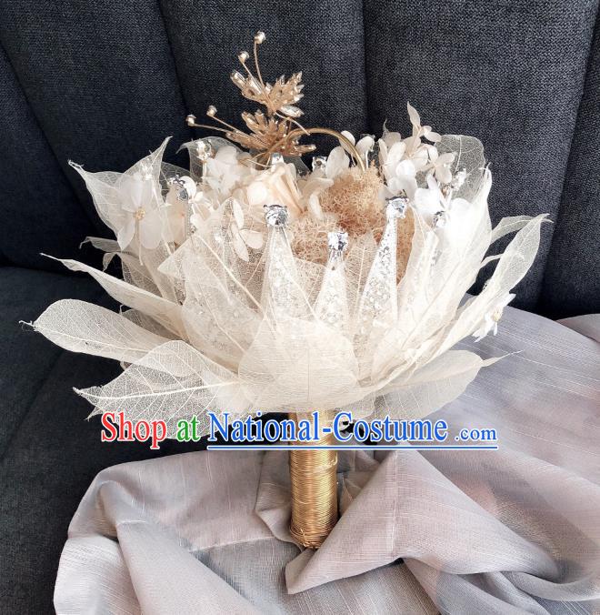 Baroque Princess Beige Leaf Bridal Bouquet Handmade Wedding Accessories Photography Prop Bride Crystal Flowers for Women