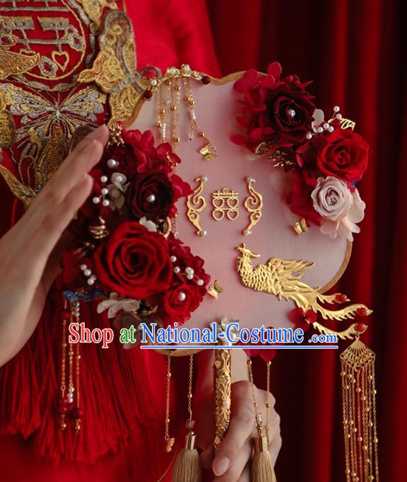 Top Grade Chinese Classical Wedding Tassel Round Fan Accessories Handmade Ancient Bride Red Roses Palace Fans for Women