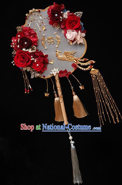 Top Grade Chinese Classical Wedding Red Roses Round Fan Accessories Handmade Ancient Bride Tassel Palace Fans for Women