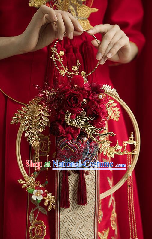 Handmade Chinese Wedding Prop Red Flowers Fan Top Grade Bride Accessories Photography Portable Palace Fan for Women