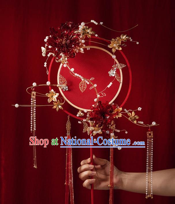 Top Grade Chinese Classical Wedding Red Ribbon Round Fan Accessories Handmade Ancient Bride Tassel Palace Fans for Women