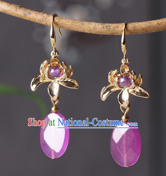 Traditional Chinese Lotus Ear Accessories Handmade Eardrop National Cheongsam Violet Earrings for Women