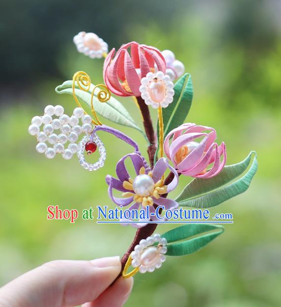 Handmade Chinese Classical Pearls Hair Accessories Ancient Princess Silk Flowers Hairpins Hanfu Headwear for Women