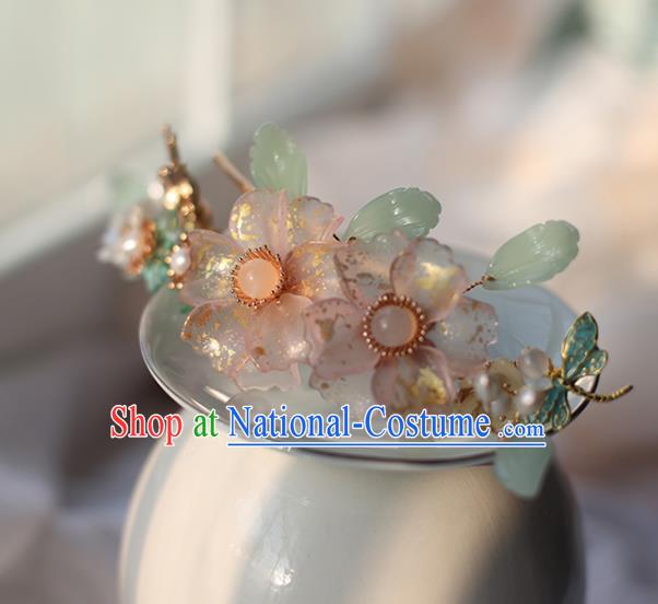 Handmade Chinese Classical Hair Accessories Ancient Princess Pink Flowers Hairpins Hanfu Headwear for Women