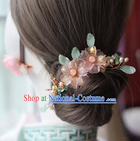 Handmade Chinese Classical Hair Accessories Ancient Princess Pink Flowers Hairpins Hanfu Headwear for Women