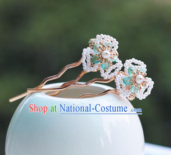 Handmade Chinese Classical Green Flower Hair Accessories Traditional Hanfu Headwear Ancient Princess Beads Hairpins for Women