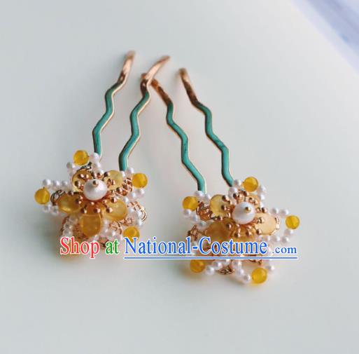 Handmade Chinese Classical Yellow Flower Hair Accessories Traditional Hanfu Headwear Ancient Princess Beads Hairpins for Women