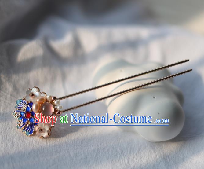 Handmade Chinese Classical Ming Dynasty Cloisonne Lotus Hair Accessories Traditional Hanfu Headwear Ancient Princess Pearls Hairpins for Women