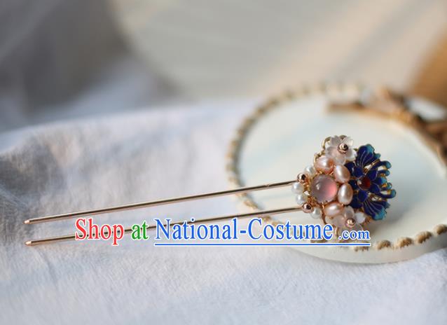 Handmade Chinese Classical Ming Dynasty Cloisonne Lotus Hair Accessories Traditional Hanfu Headwear Ancient Princess Pearls Hairpins for Women