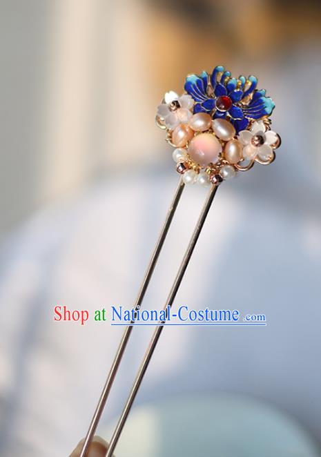 Handmade Chinese Classical Ming Dynasty Cloisonne Lotus Hair Accessories Traditional Hanfu Headwear Ancient Princess Pearls Hairpins for Women