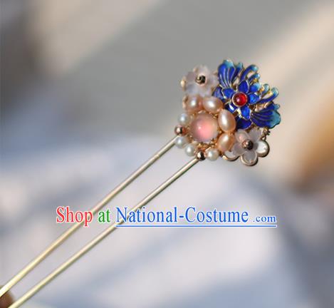 Handmade Chinese Classical Ming Dynasty Cloisonne Lotus Hair Accessories Traditional Hanfu Headwear Ancient Princess Pearls Hairpins for Women