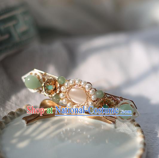 Handmade Chinese Tang Dynasty Green Stone Opal Hair Clip Traditional Classical Hanfu Hair Accessories Ancient Princess Pearls Hairpins for Women