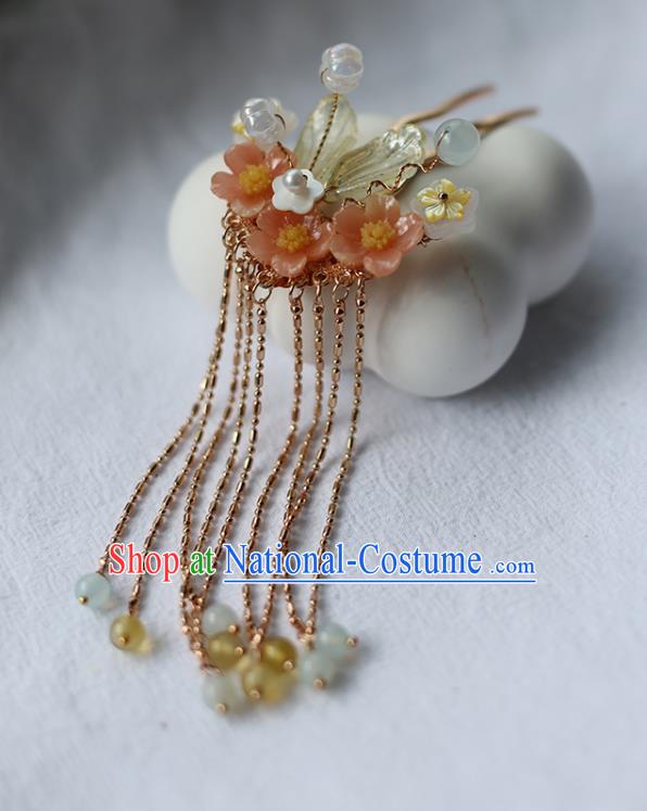 Handmade Chinese Golden Tassel Hair Clip Traditional Classical Hanfu Hair Accessories Ancient Princess Pink Plum Hairpins for Women