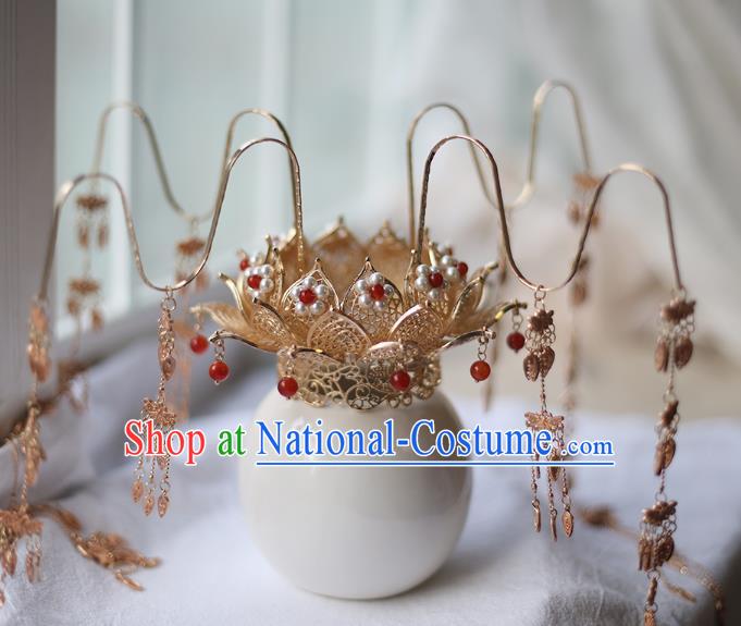 Chinese Classical Pearls Lotus Hair Crown Traditional Wedding Hanfu Hair Accessories Handmade Tassel Hairpins Complete Set