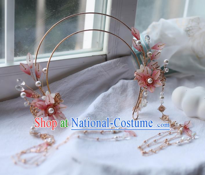 Chinese Classical Pink Flowers Hair Crown Traditional Hanfu Hair Accessories Handmade Tassel Hairpins Hair Clasp