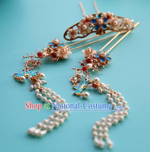 Chinese Classical Ming Dynasty Hair Crown Traditional Hanfu Hair Accessories Handmade Tassel Hairpins Complete Set for Women