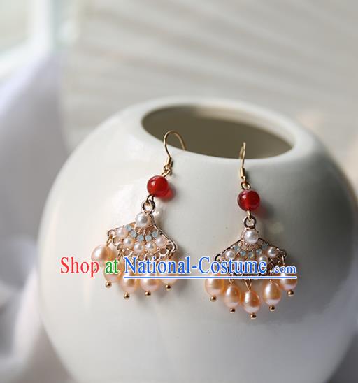 Traditional Chinese Handmade Golden Earrings Ancient Hanfu Court Pearls Tassel Ear Accessories for Women