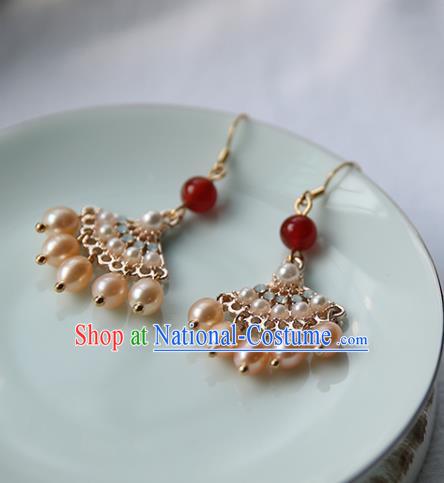 Traditional Chinese Handmade Golden Earrings Ancient Hanfu Court Pearls Tassel Ear Accessories for Women