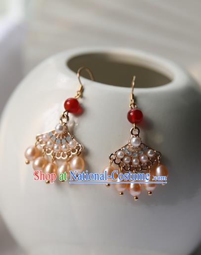 Traditional Chinese Handmade Golden Earrings Ancient Hanfu Court Pearls Tassel Ear Accessories for Women