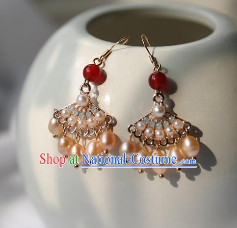 Traditional Chinese Handmade Golden Earrings Ancient Hanfu Court Pearls Tassel Ear Accessories for Women